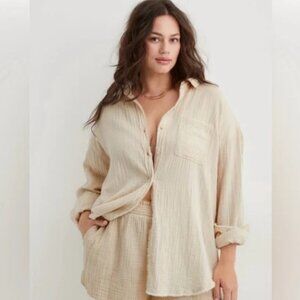 Aerie Gauzy Oversized Cover Up Button Up Shirt In Oatmeal Size - Size Large